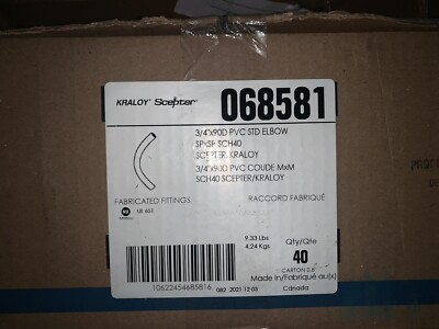 NEW Kraloy Scepter 3/4 x90D PVC STD Elbow SPxSP SCH40, 068581 (40 PC LOT)