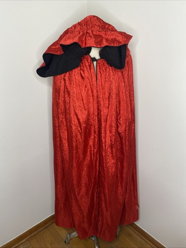 Handmade Long Hooded Cloak Cape Red Brocade Black Fantasy Cosplay Handmaids Tale