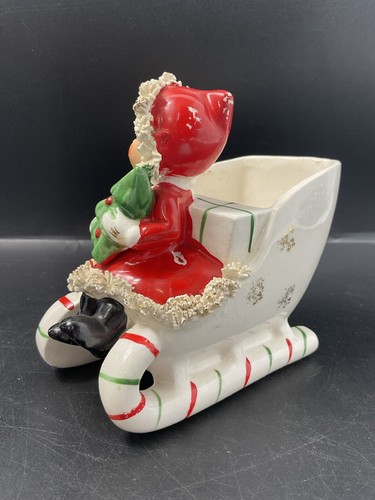 Vintage Christmas Napco Ceramic Candy Cane Sleigh Girl With Tree Spaghetti Trim - Picture 7 of 18
