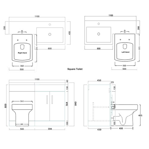 Bathroom Sink Square Toilet Vanity Unit Cabinet Grey Left Hand Basin Storage - Picture 7 of 7