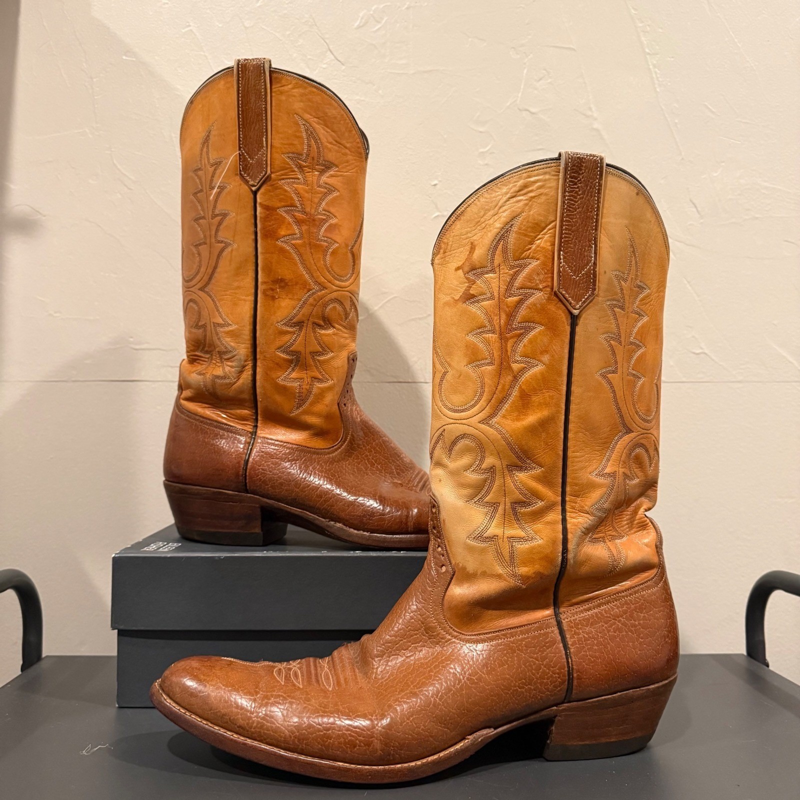 Rios of Mercedes Mens Leather Cowboy Western Boots Tan Brown Size 12
