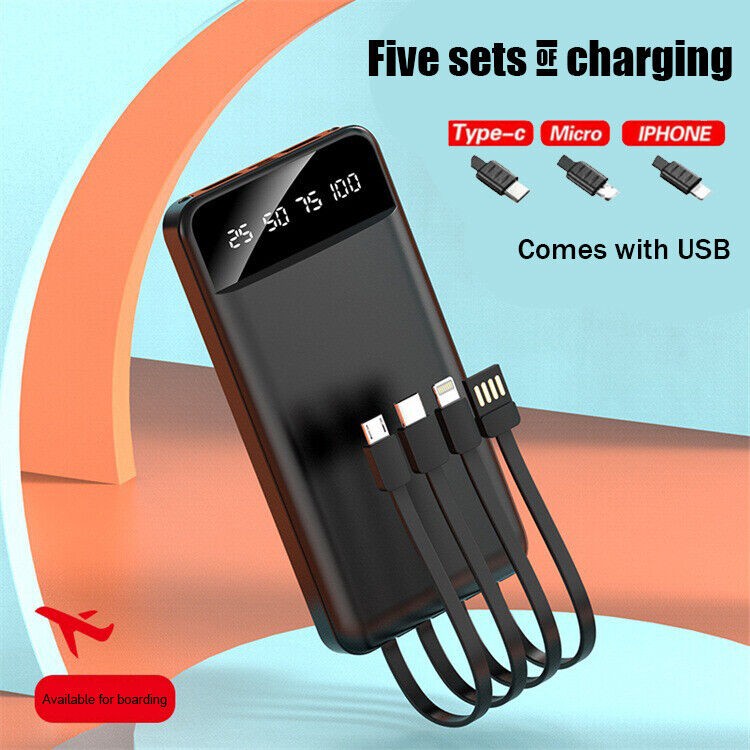 10000mAh Power Bank with Built-in Cables Fast Charging for iPhone Android Travel