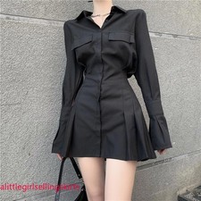 Shirt Dress Women Long Sleeve Dresses Sexy Gothic Pleated Turn-down