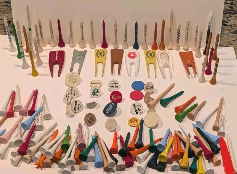 Large Lot of Vintage Golf Tees Ball Markers Divot Tools -some advertising items