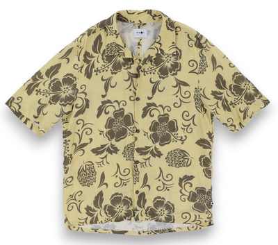 #ad NN07 No Nationality Shirt Mens Medium Yellow Floral Linen Short Sleeve Aloha $34.99