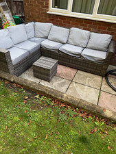 Rattan/Wicker Garden Corner Sofa Set 3pc Grey Cushions Footstool Seats 5