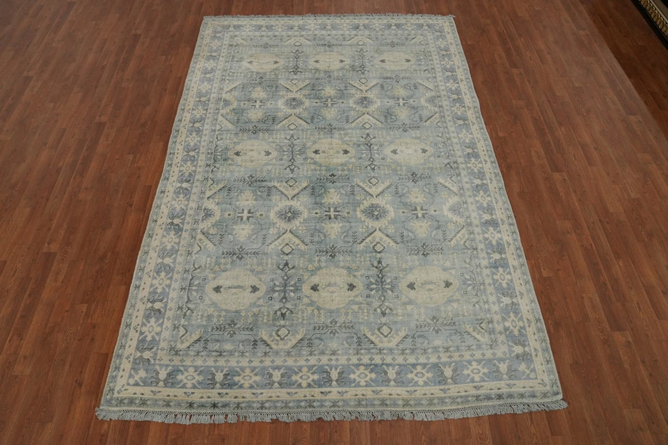 Geometric Handmade Transitional Oushak Area Rug 7x10 Ft Light Blue Silk Carpet - Image 2 of 4