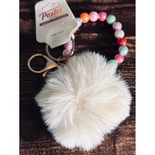 Pastels Multicolor Beaded Keyring with White Pom Pom