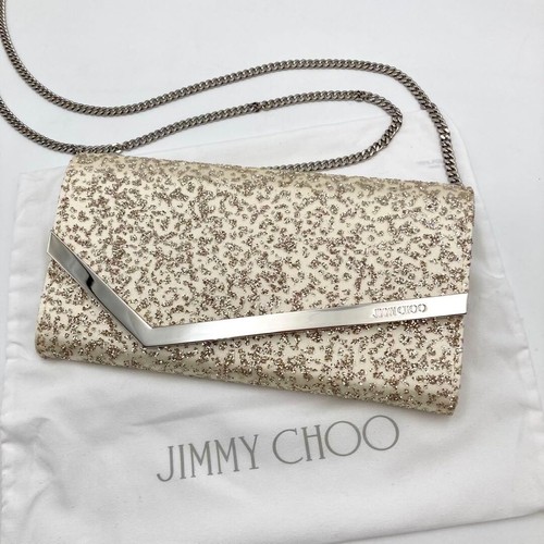 Jimmy Choo Emmie Glitter Chain Shoulder Bag Clutch Crossbody White Silver Auth