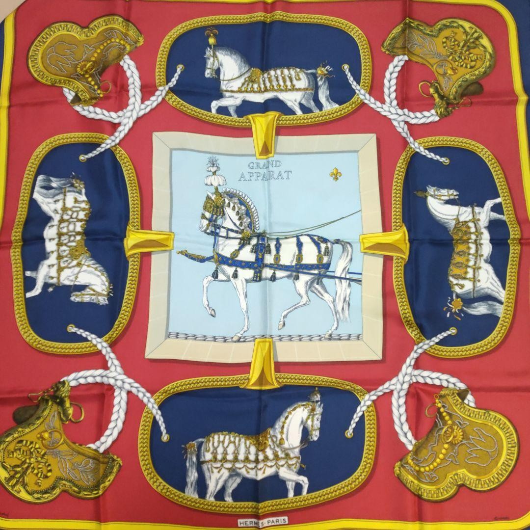 Hermes Horse Design Scarf Carre 90 Red Blue Gold Excellent Used No Box