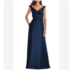 Alfred Sung Navy Midnight Blue Off The Shoulder Satin Gown Size 8 Evening Formal