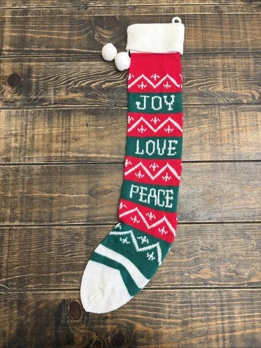 Vintage Knit Christmas Stocking Joy Love Peace Holiday Red Green Stripes