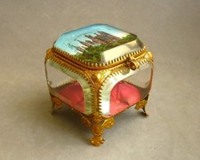 Beautiful Antique French Gilt Metal & Beveled Glass Souvenir Jewel Casket