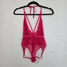 Fuchsia Lace Halter Teddy Bodysuit Garter Straps Open Back