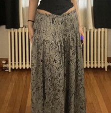 Gray Black Floral Pleated Long A-Line Skirt High Waist Casual for Women