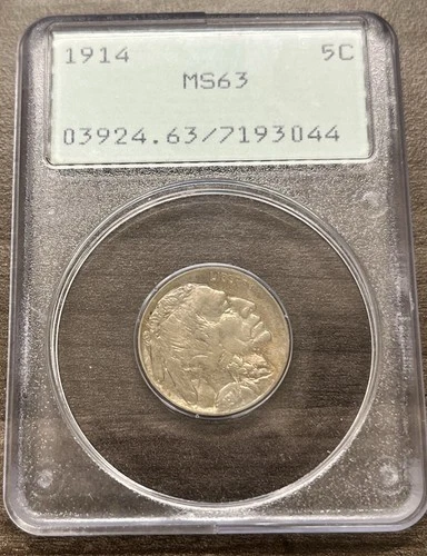 PCGS Rattler Holder MS63  1914 Buffalo Nickel, Toned In An Old Green Holder