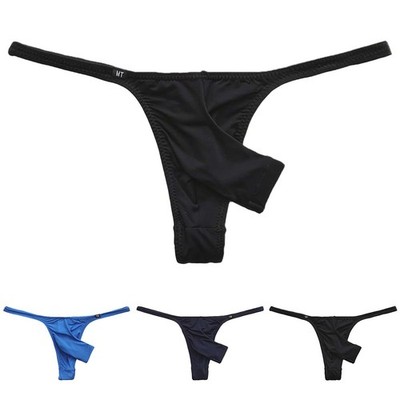 Herren Einfarbig Tanga Unterwäsche Lang Offen Beutel G String Niedrig Leib Blau