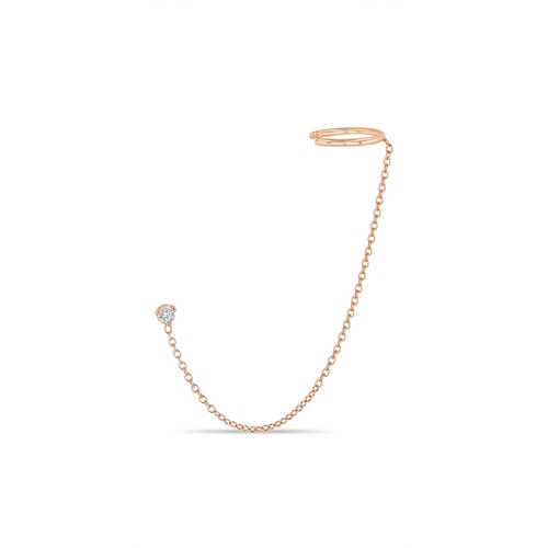 Prong Set Diamond Stud Chain Ear Cuff 14K Yellow Gold Party Wear Earring Jewelry - Picture 4 of 5