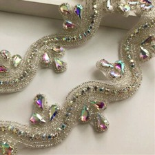1 Yard Luxury AB Rhinestone Crystal Beaded Trim Applique Sewing Bridal Dress