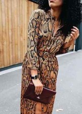 ZARA MIDI SHIRT DRESS BROWN & BLACK SNAKE ANIMAL PRINT BELTED TUNIC SIZE S NEW