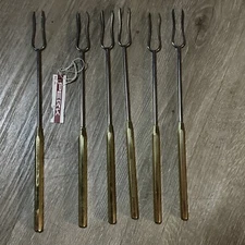 NEW OLD PERK Vintage FONDUE FORK  6 Piece Swiss  Mid Century Stainless And Brass