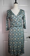 Ann Taylor Silk Blend Wrap Front Geo Print Jersey Dress Blue Brwn Ivory 4 EUC/LN