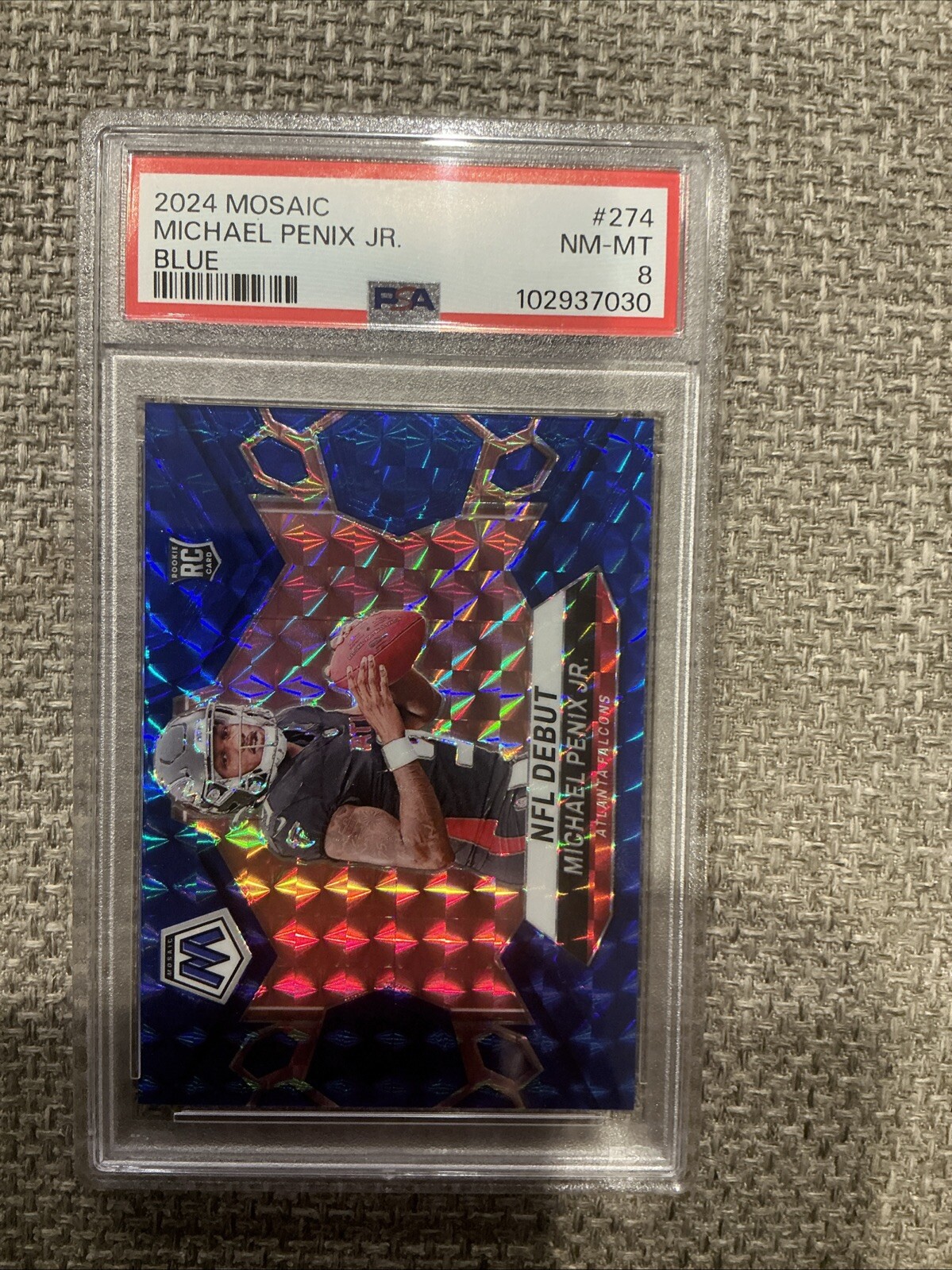 Michael Penix Jr 2024 Panini Mosaic #274 Blue Prizm /99 Rookie Debut RC PSA 8