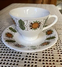 Vintage Mid Century MCM Olive Green Orange Figgjo Flint Norway Cup & Saucer Set