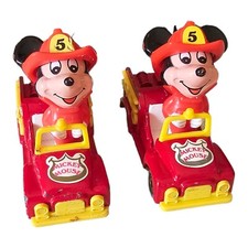 2 Vintage Walt Disney Fireman Mickey Mouse Tomy Die-Cast Toy Car 1970s