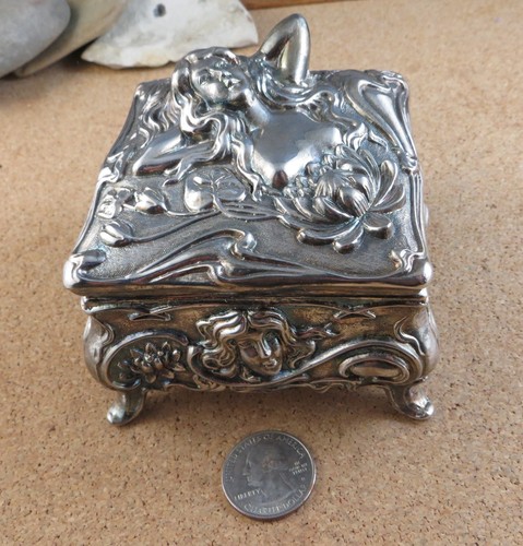 Antique Art Nouveau Jennings Bros Nude Maiden Jewelry Casket Trinket Box Lotus - Picture 6 of 12