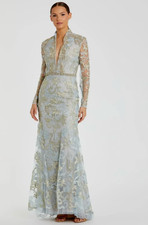 Mac Duggal 11165 Powder Blue Long Sleeve Lace V-Neck Formal Gown Size 16 NWT