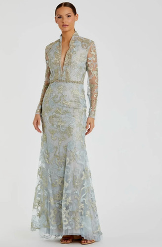 Mac Duggal 11165 Powder Blue Long Sleeve Lace V-Neck Formal Gown Size 16 NWT