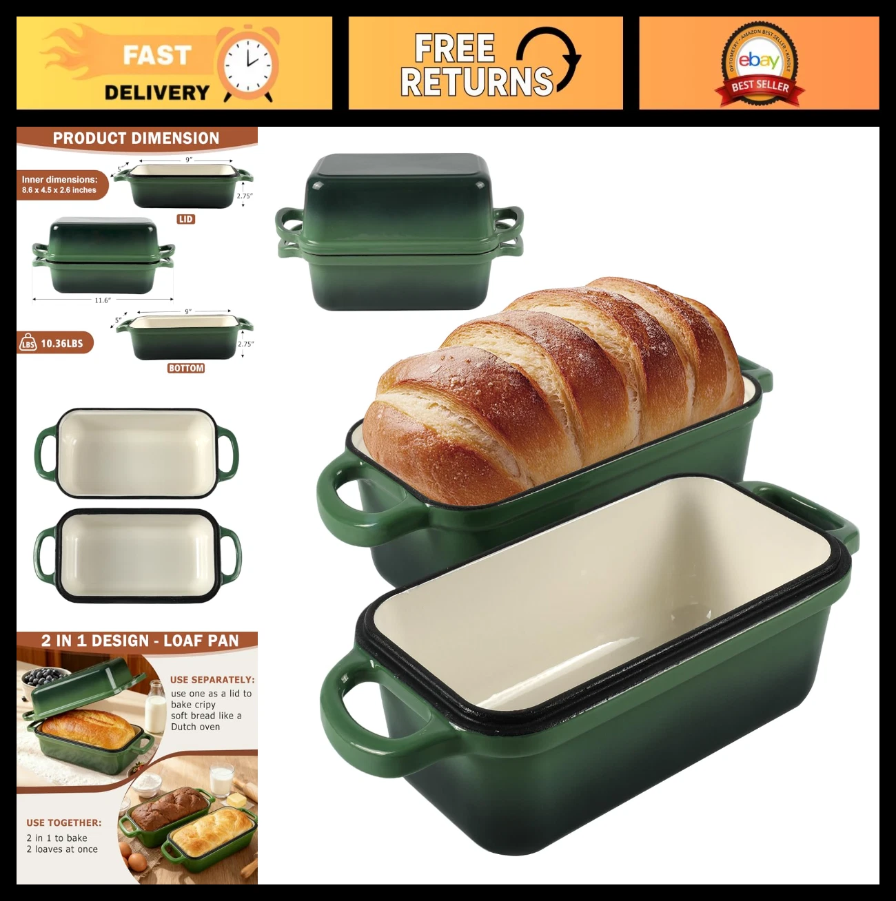 Enameled Cast Iron Bread Pan 9x5 Inch with Lid - Non-Stick Sourdough Loaf Pan, O
Opens in a new wind