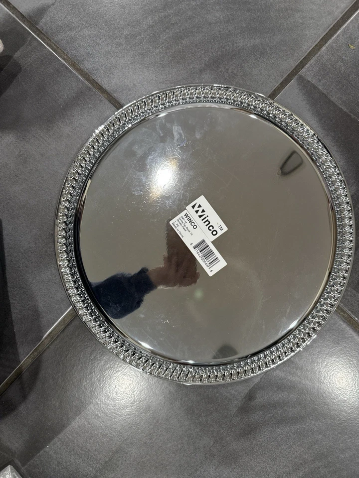 Winco CWR-14 Round Chrome Plated Serving Tray 14” – Embossed Design - Image 3 of 4