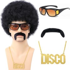 Men's 70s Afro Wig Short Curly Black Synthetic Hair with Mustache, Sunglasses, D