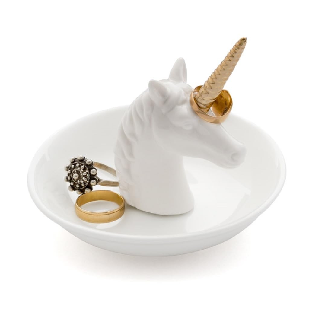 Porte-bagues Licorne en céramique blanche et coupelle à bijoux dorée