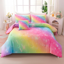 6Pcs Twin Size Comforter Set for Girls Kids, Gradient Rainbow Glitter Girls Bedd