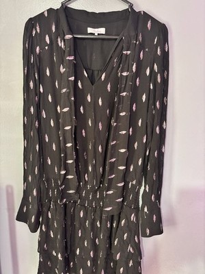 Parker Black Long Sleeve Dress with Metallic Pink Leaf Print and Elastic Waist