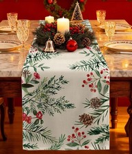 Christmas Table Runner Holly Berries - Watercolor Winter Table Runner 13x72 inch