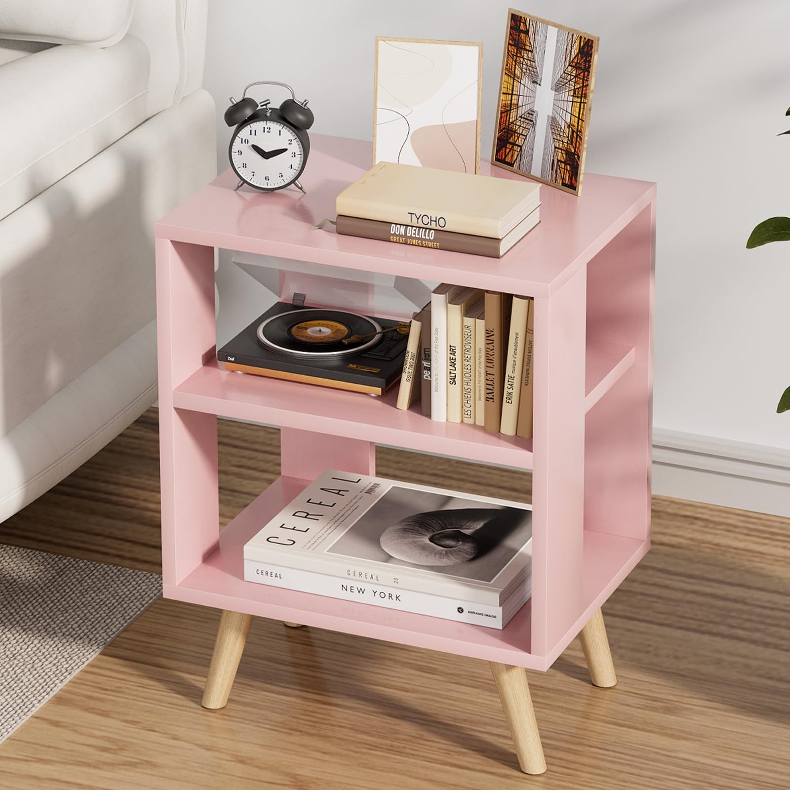 Pink Kids Nightstand - Modern 2-Tier Storage Table for Bedroom  Nursery
