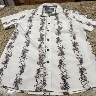 American Garage Shirt Men s Small Button Up White Tiger Print Nice Cpix