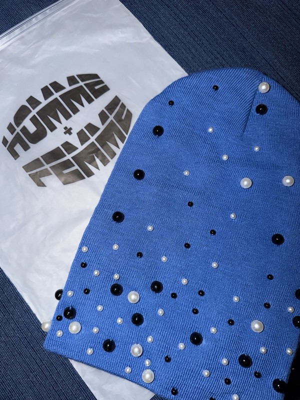 HOMME x FEMME Blue Knit Beanie with Pearl & Black Beaded Accents Brand new