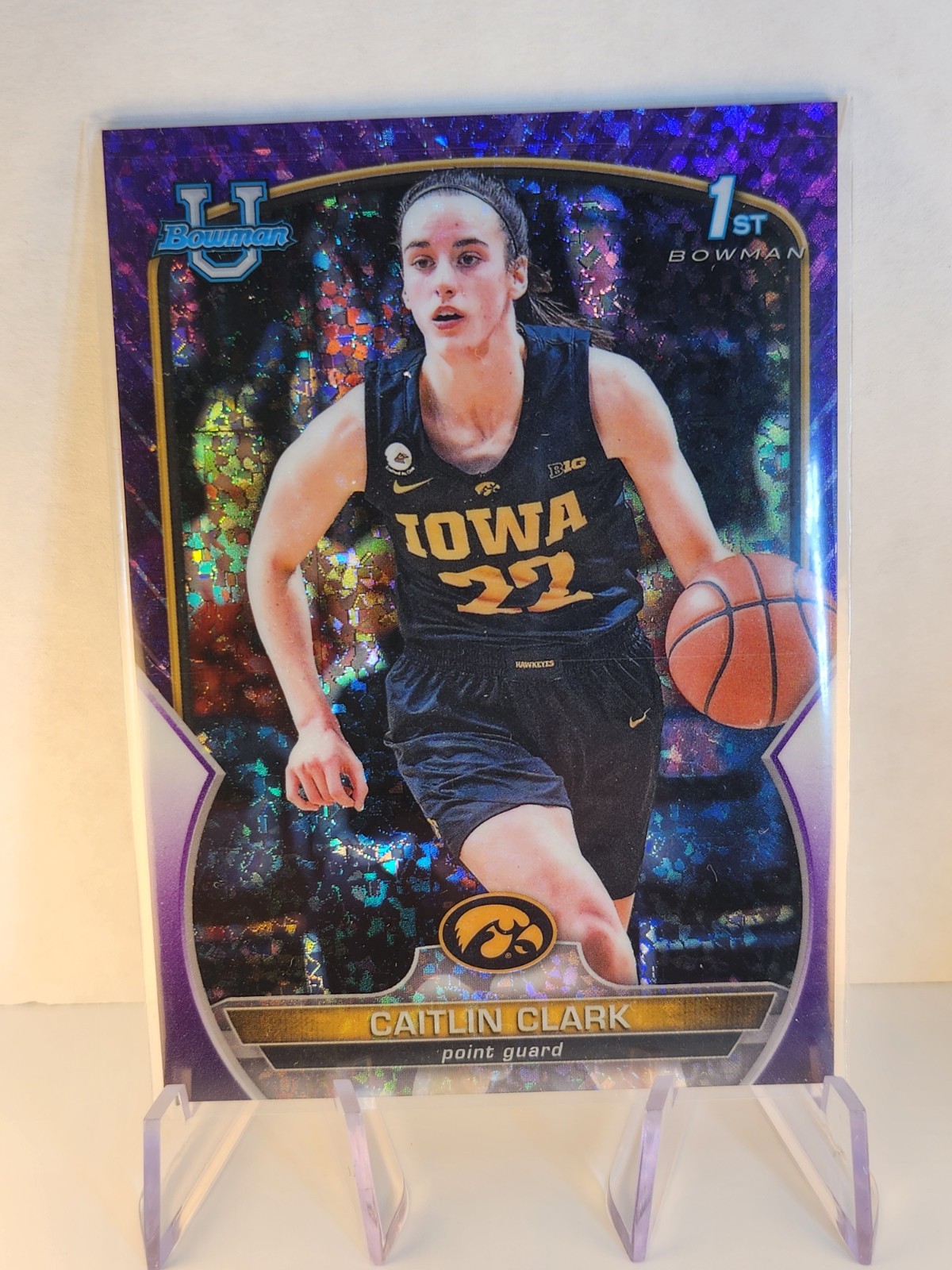 2022-23 1st Bowman Caitlin Clark #50 Purple Mini-Diamond Refractor /399 (RC)