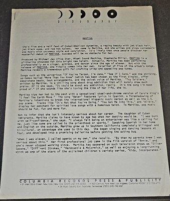 Press Release Martika Columbia Records Rare & Htf