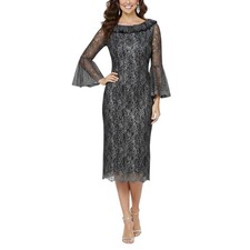 XSCAPE Blue Cocktail Dress Metallic Lace Long Bell Sleeve Midi Sheath Size 6