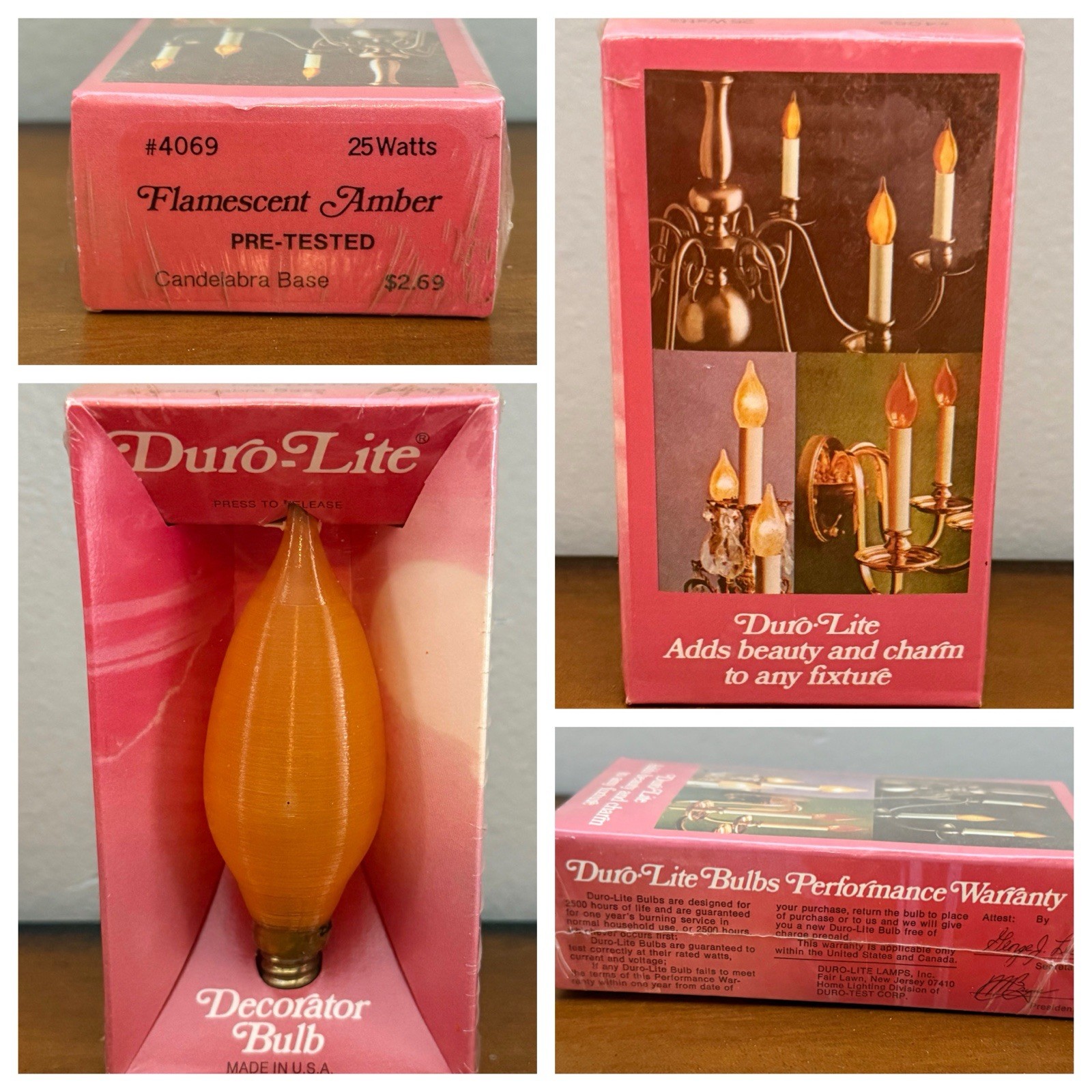 DURO-LITE Flamescent Amber Light Bulb Candelabra Base 25 Watt NOS Vintage 70s