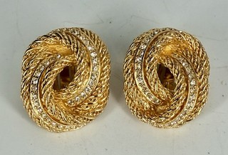 Christian Dior Gold tone Rope Knot White Rhinestone Stud Earrings 29mm