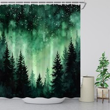Misty Forest Dark Green Shower Curtain Woodland Pine 70x70 Inch Hooks Home