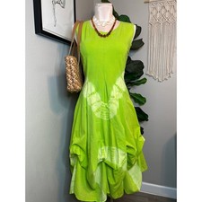 Artsy Boho Lagenlook French Bustle 100% Cotton Midi Dress Lime Green Tie Dye