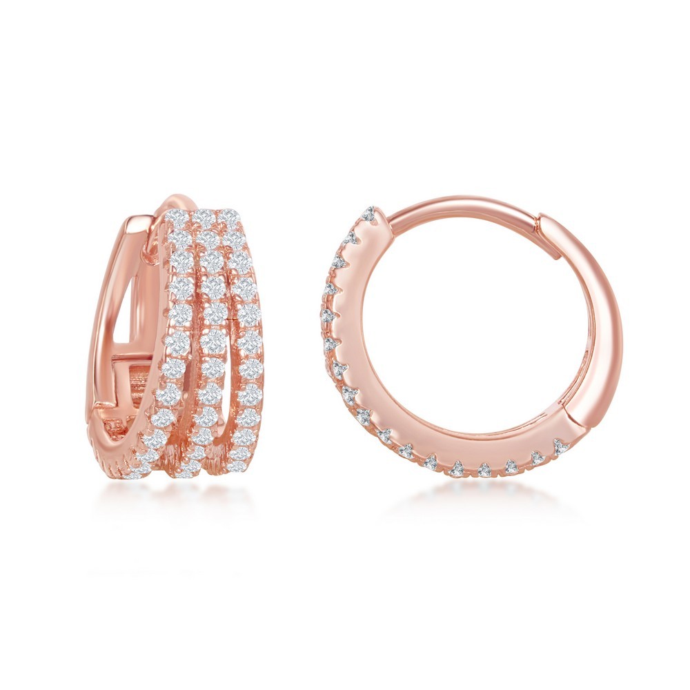 Classic Womens Earrings Sterling Silver Rose Gold Plated Triple Hoop Hinged 10690₽